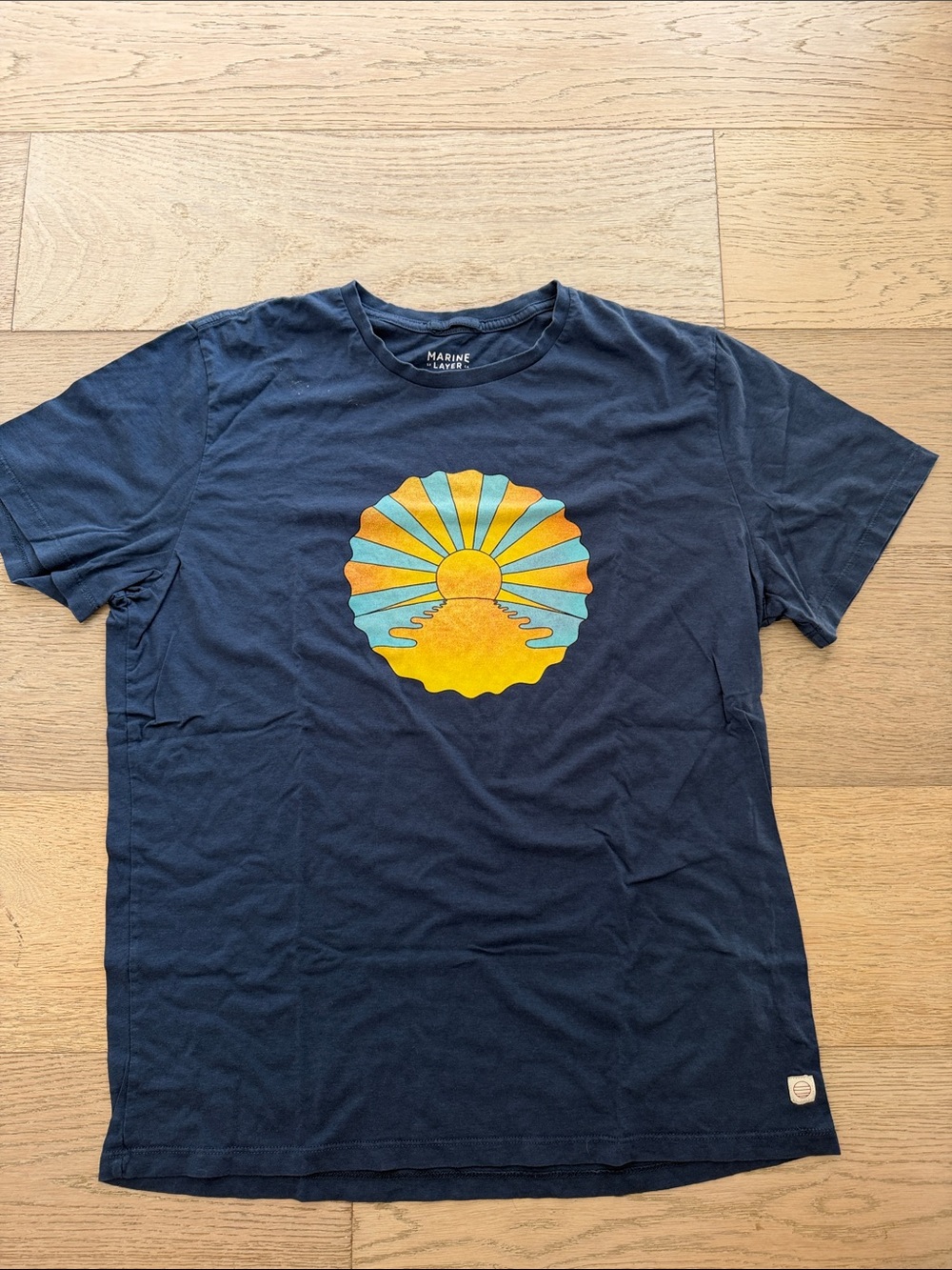 Marine Layer Navy Short Sleeve Tee with Yellow & Light Blue Sunburst